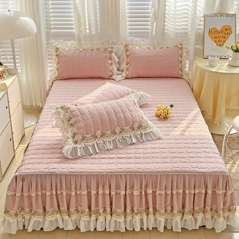 housse couette coton rose dentelle fleurs romantique blancs deux taies oreillers drap lit volants