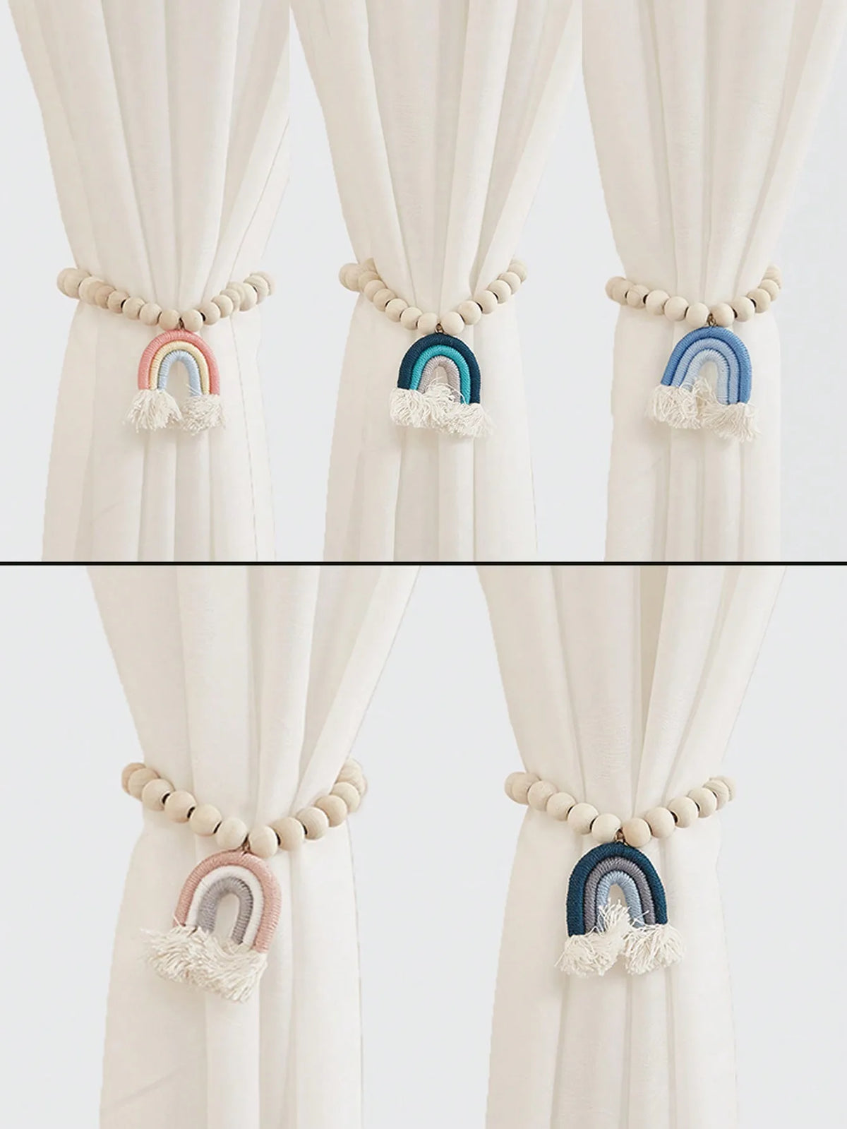 rideau boho chic arc ciel blanc pompons fenêtre maison hospitalité