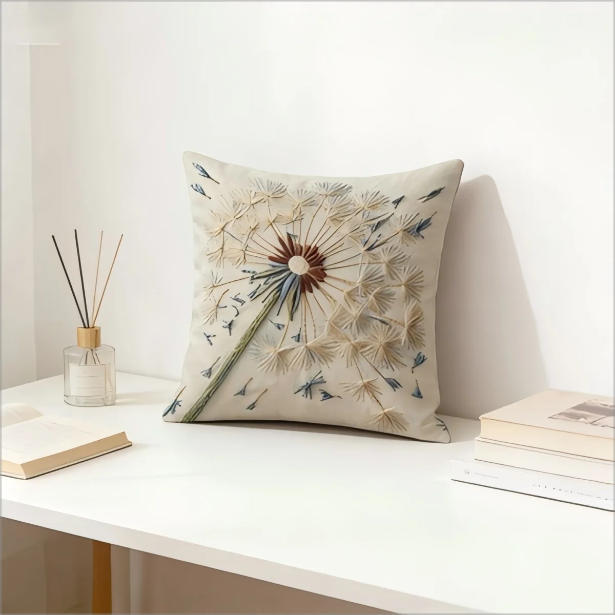 housse coussin carré pissenlit brodé artisanal beige polyester lit decorationintérieur