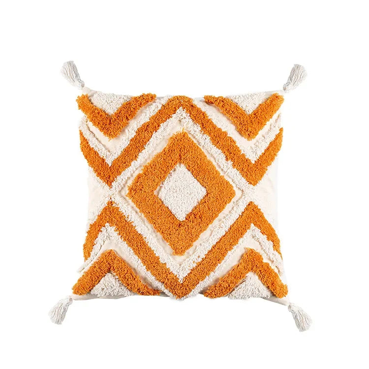 coussin carré boho blanc motif géométrique noir tassel brodé anti décubitus polyester
