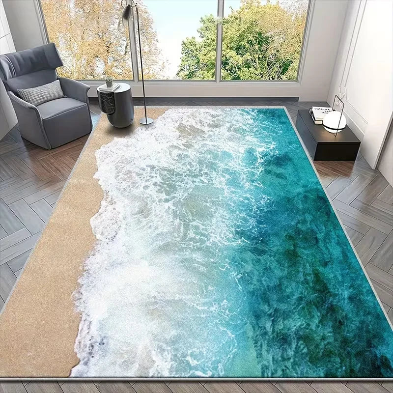tapis moderne bleu ondes mer salon chambre extérieur anti dérapant confortable polyester minimaliste