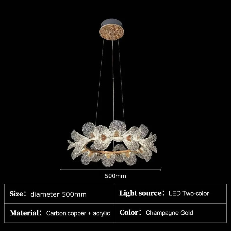 Suspension lumineuse cristal blanc doré fleurs relief moderne élégante chambre salon