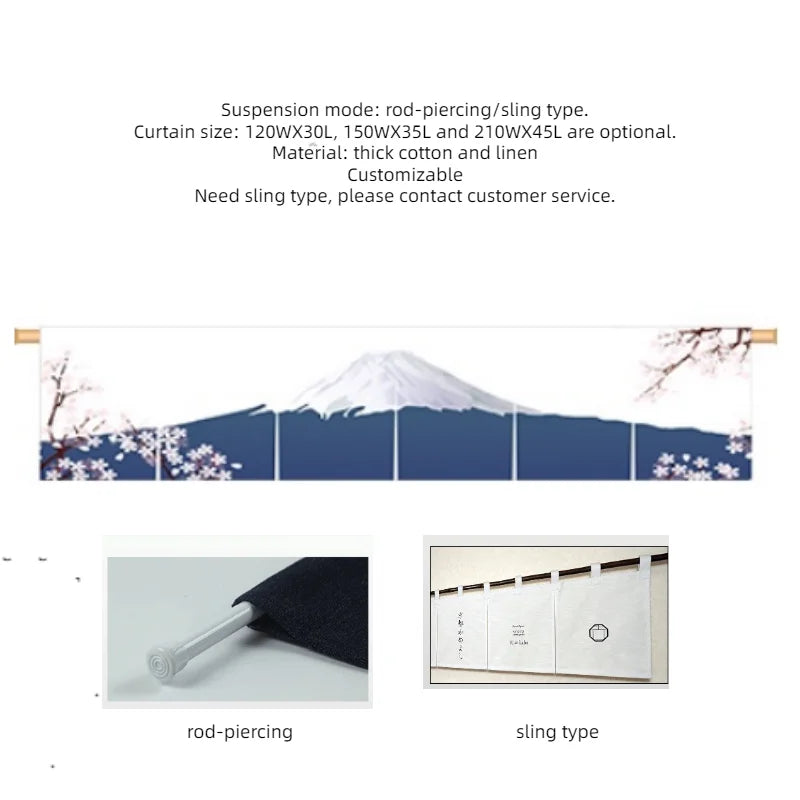 rideau traditionnel japonais blanc bleu rouge mont fuji fleurs cerisier tringle texture coton lin