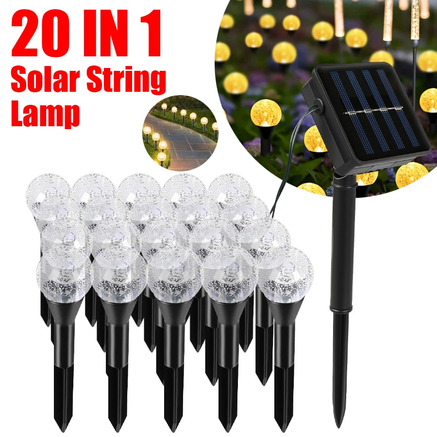 guirlande solaire led jardin 20 lampes modes éclairage ip65 moderne globes verre transparent piquets