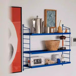 étagère murale bleue métal horizontale barreaux horizontaux minimaliste horloge vase panier pot thé(calendar,sac