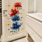 autocollant mural fleurs papillons rouge bleu doré floral résistant l'eau PVC adhésif moderne chambre