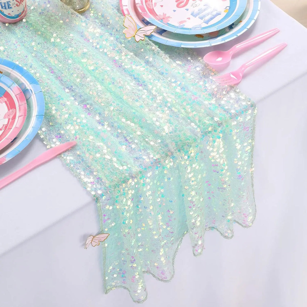 nappe festive séquins irisés transparent violet rose turquoise blanc anniversaire décoration scintillante assiettes gobelets