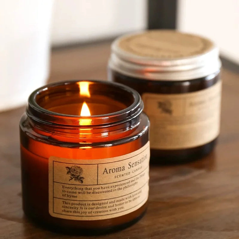bougies parfumées cire soja marron clair étiquette blanche aromathérapie décoration maison cadeau événementNELLE luxE