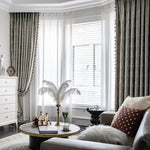 rideau occultant classique gris beige motif géométrique franges dorées salon chambre maison luxe