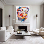 tableau abstrait multicolore contemporain expressionniste sans cadre portrait femme toile peinte décoration intérieure moderne