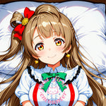 coussin allongé motif anime minami kotori personnages cheveux blonds yeux marron jupes colorées blanc