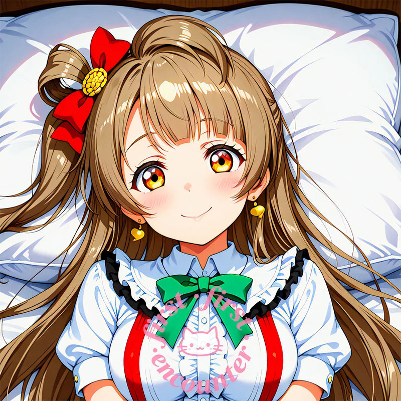 coussin allongé motif anime minami kotori personnages cheveux blonds yeux marron jupes colorées blanc
