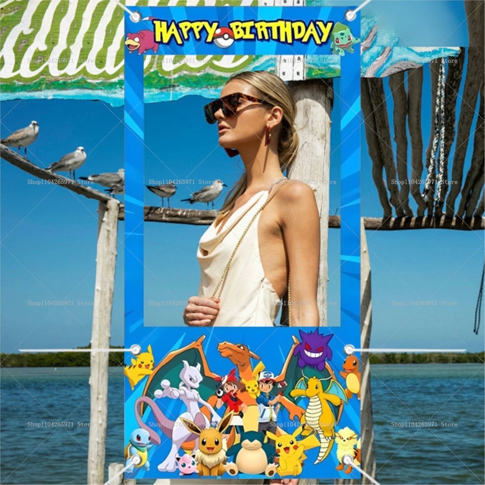 cadre photo vinyle pokémon pikachu happy birthday clips bleu blanc anniversaire décoration festive