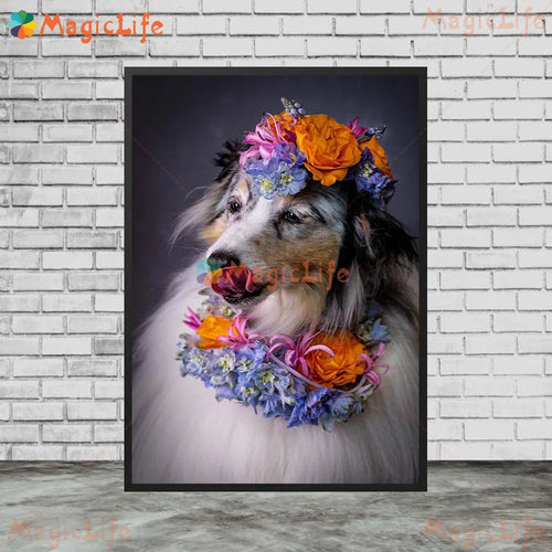 tableau toile moderne chien fleurs décoration murale salon art animal domestique sans cadre