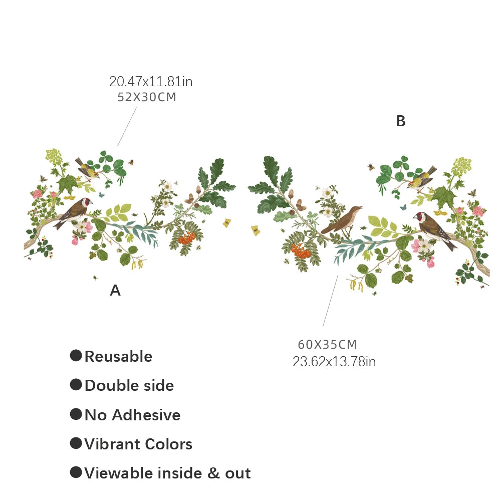décoration fenêtre sticker floral oiseaux branches feuilles transparente naturelle 52x30cm 23.62x13.78in
