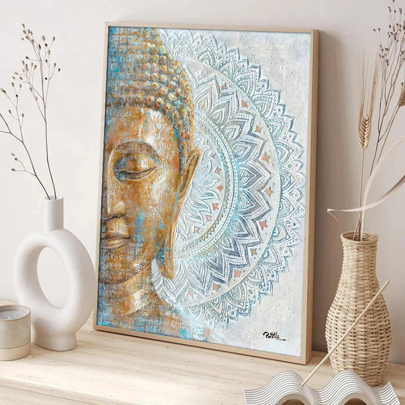 toile peinte portrait bouddha mandala or bleu gris contemporain chambre salon