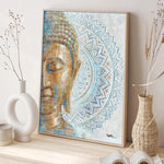 toile peinte portrait bouddha mandala or bleu gris contemporain chambre salon