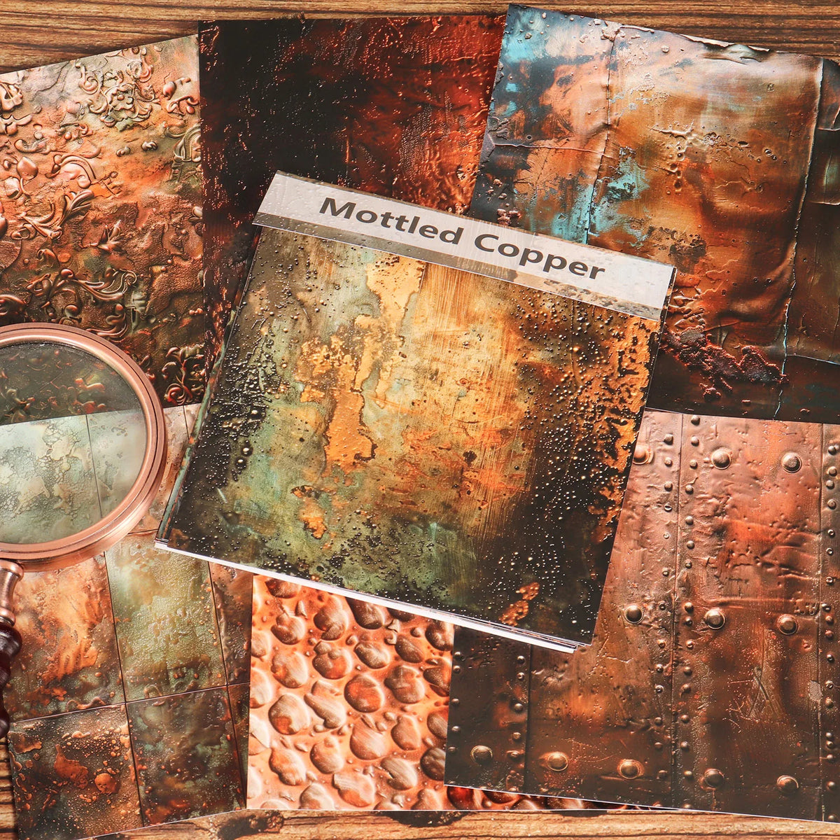 feuilles decoratives mottled copper cuivre orange marron vert rustique motifs vieillis adhesives industriels vintage