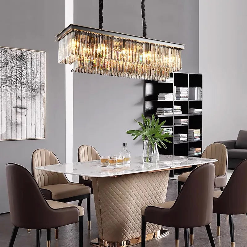 suspension lumineuse moderne cristaux noir doré led élégante tringle chambre salon