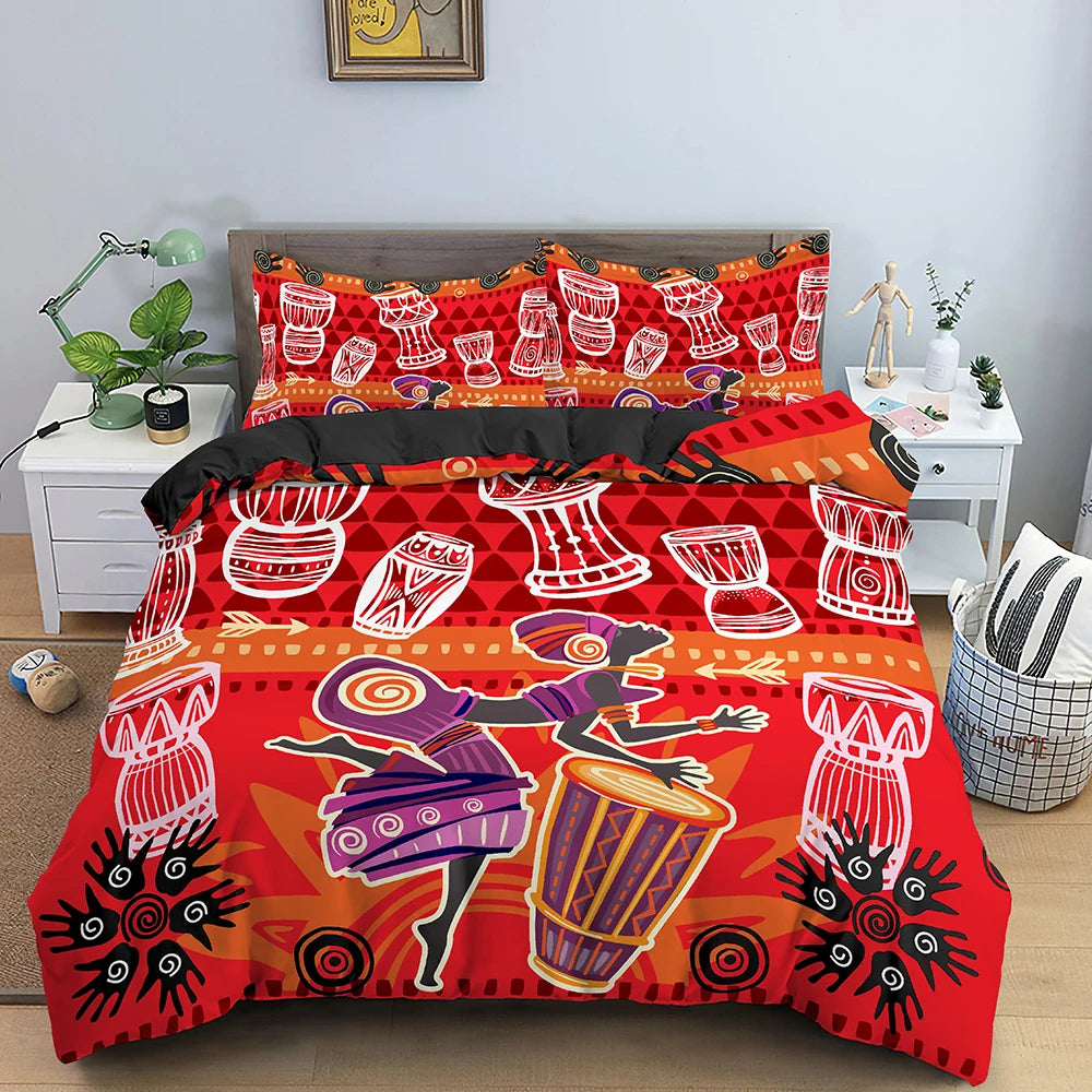 Détail du motif ethnique orange sur housse de couette