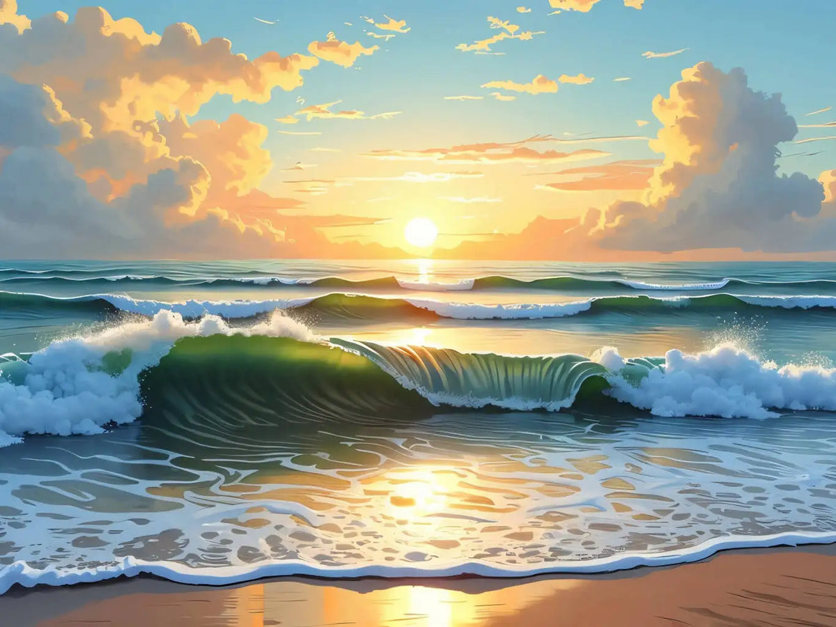 peinture l'huile paysage marin toile moderne coucher soleil vagues herbe sable pinceaux palette débutants