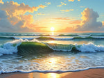 peinture l'huile paysage marin toile moderne coucher soleil vagues herbe sable pinceaux palette débutants