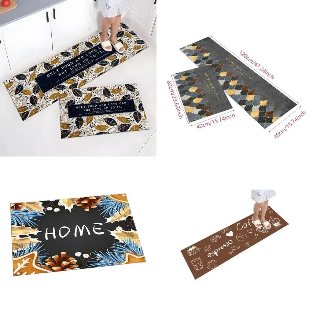tapis sol cuisine motifs géométriques floraux moderne bleu foncé orange blanc