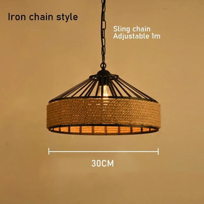 lampe suspendue industrielle corde naturelle marron clair métal structure ajustable salon chambre