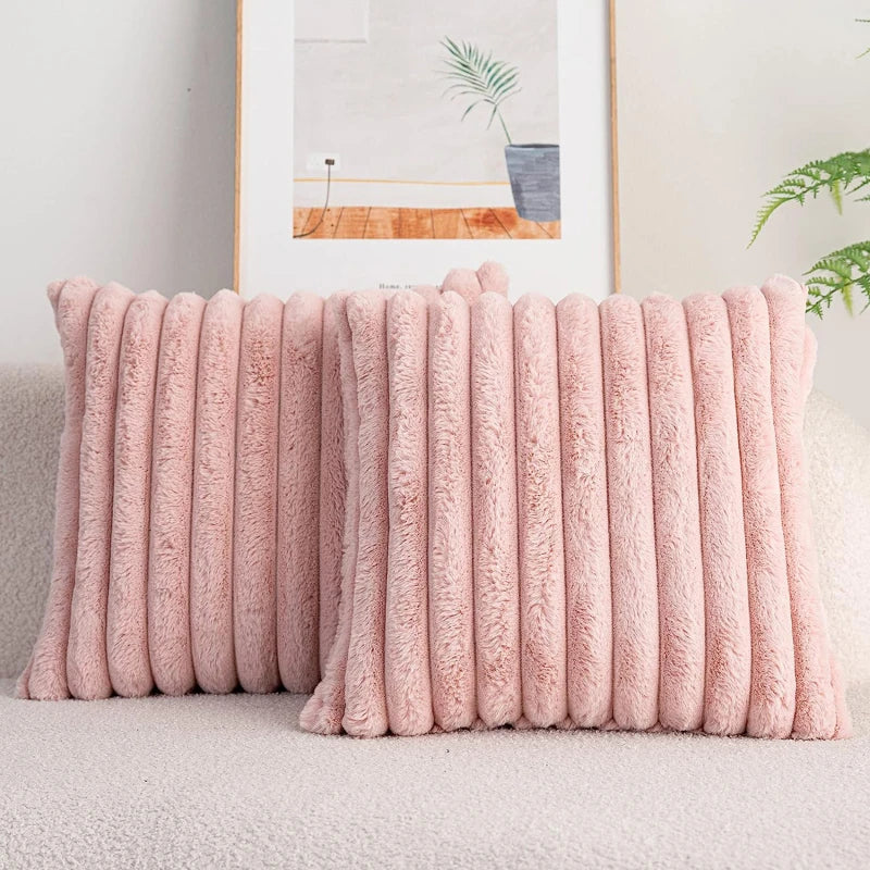housse coussin carré fausse fourrure rayée blanc moderne amovible lavable 45x45cm deux
