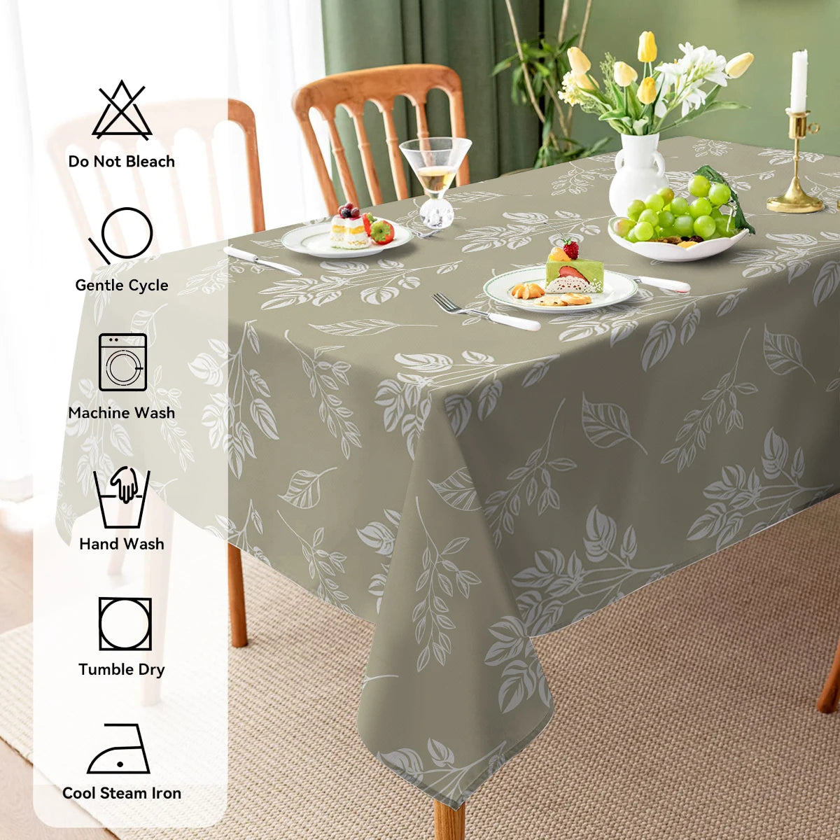 nappe table rectangulaire imperméable motif feuilles beige moderne polyester cuisine salon mariage extérieur