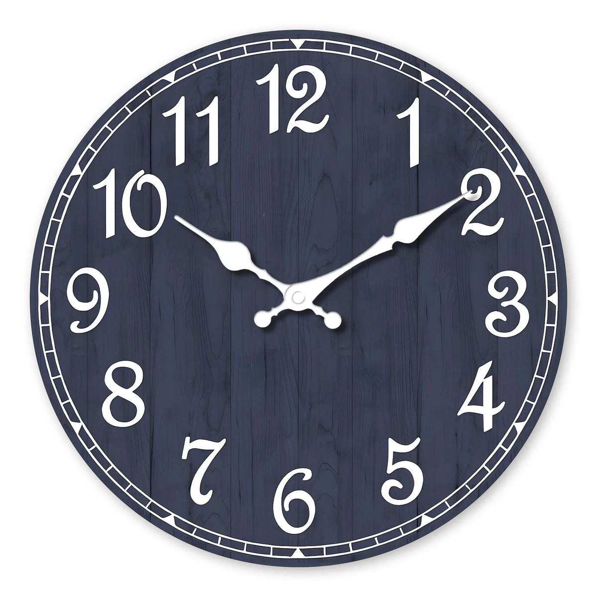 horloge murale bois imitation rustique vintage bleu foncé blanc aiguille quartz face unique salon