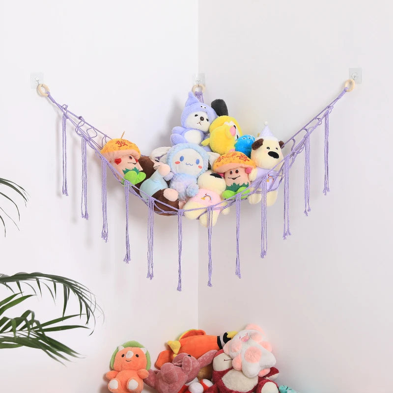 filet tressé suspendu clips multicolore violet rose moderne décoratif chambre enfant jouets rangement