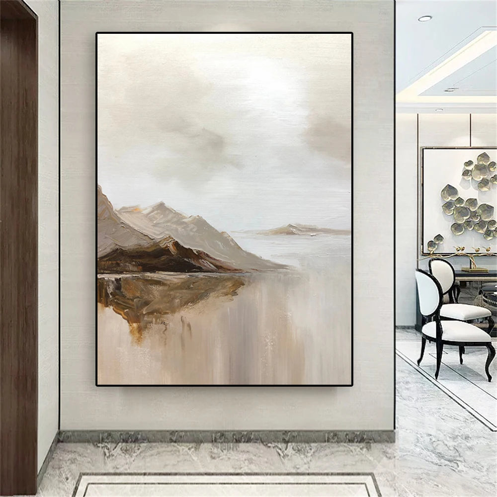 affiche abstraite paysage montagneux toile contemporaine beige marron salon chambre decoration mur vertical imprimeensoie