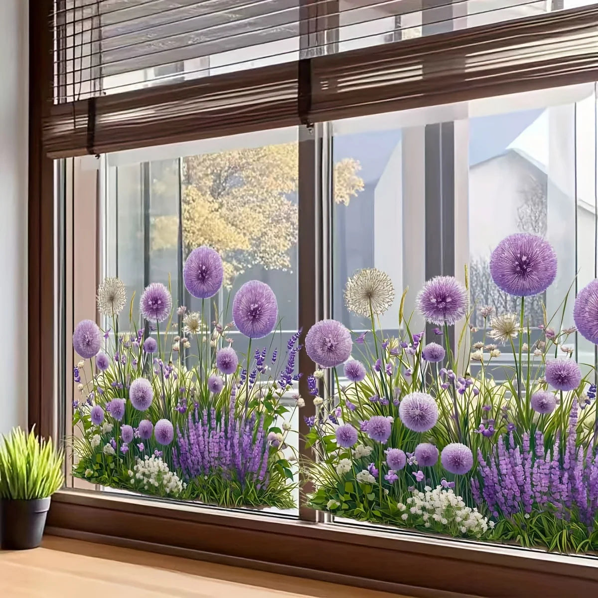 autocollants muraux fleurs violet herbe ciel adhésifs intérieur balcon fenêtre décoration