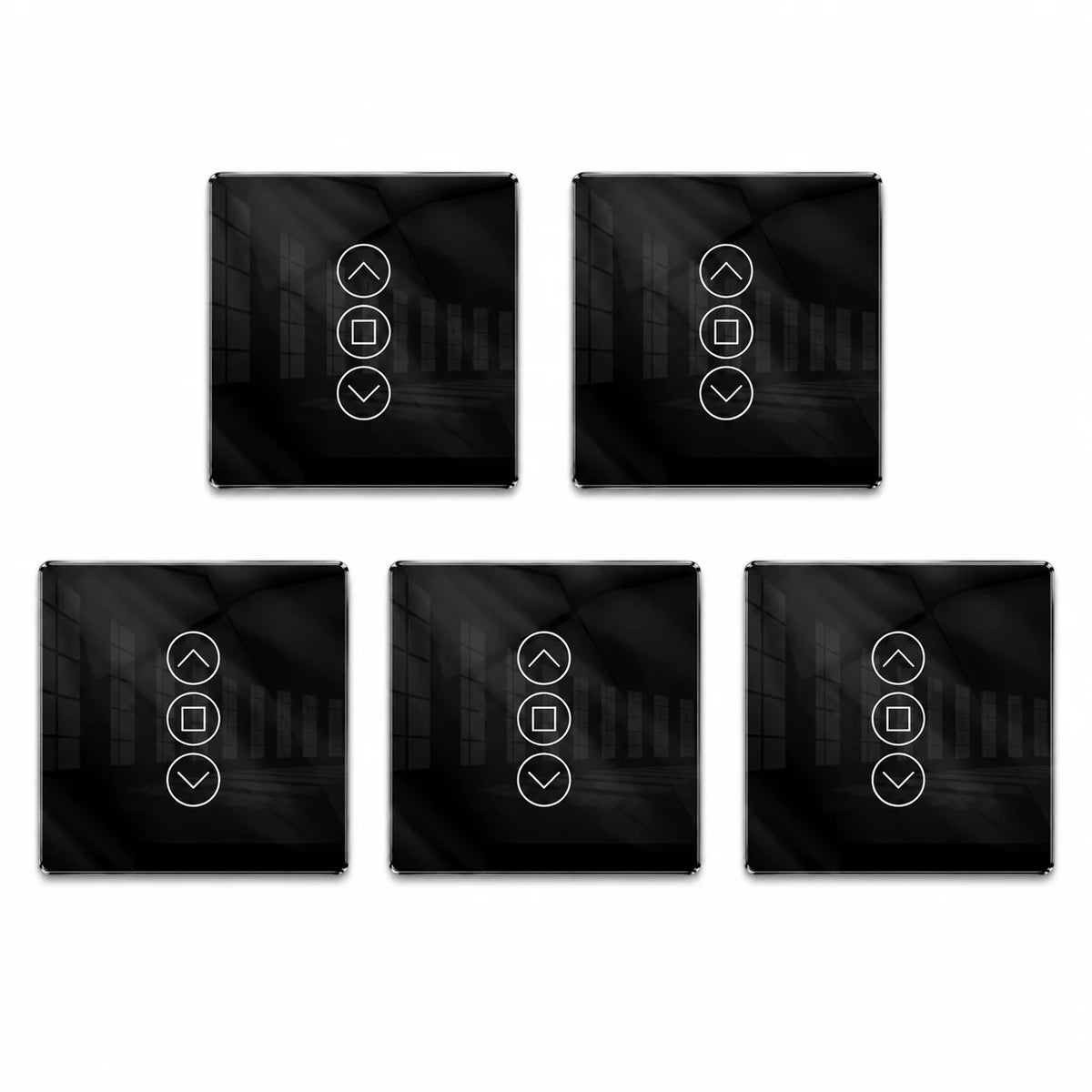 commutateur intelligent rideau controle tactile noir blanc application smartphone flèches haut bas arrêt moderne