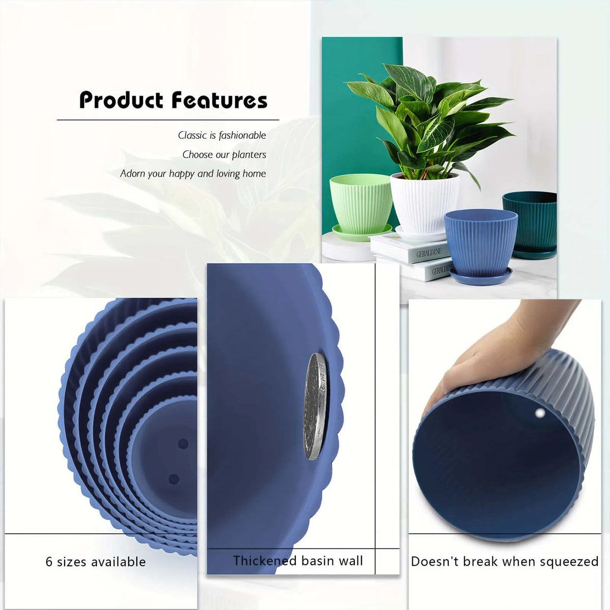Pots fleurs rayures verticales résine bleu vert blanc soucoupe drainage moderne