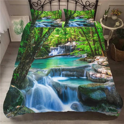 Housse de couette personnalisable paysage naturel cascade forêt sur lit Queen Size