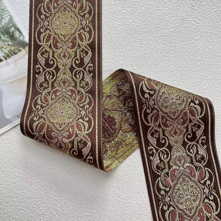 ruban decoratif polyester fleur classique marron bleu doré noir unique largeur 10cm opaque