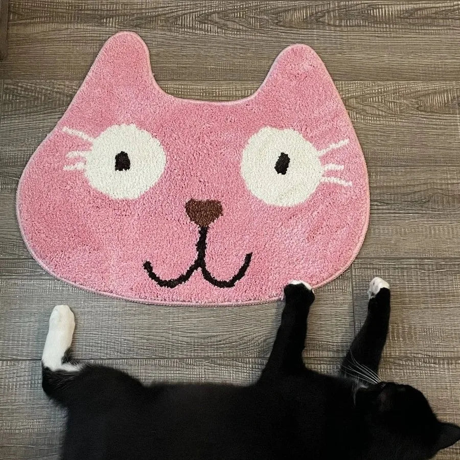 tapis sol antidérapant imperméable polyester motif chat visage orange marron vert moderne salle bain
