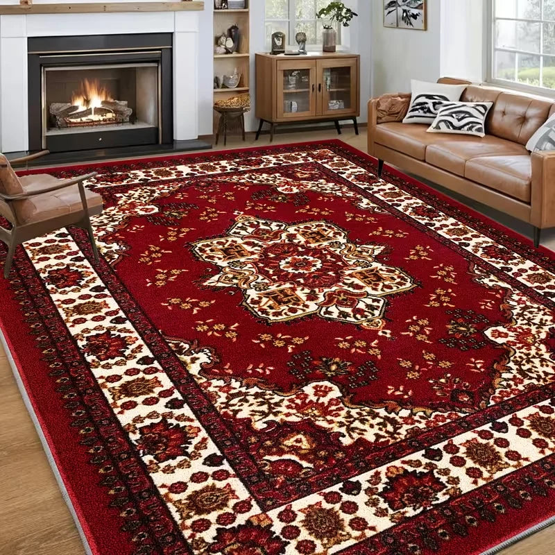 tapis ornements floraux motifs géométriques rouge bleu violet or moderne antidérapant polyester polypropylène chambre