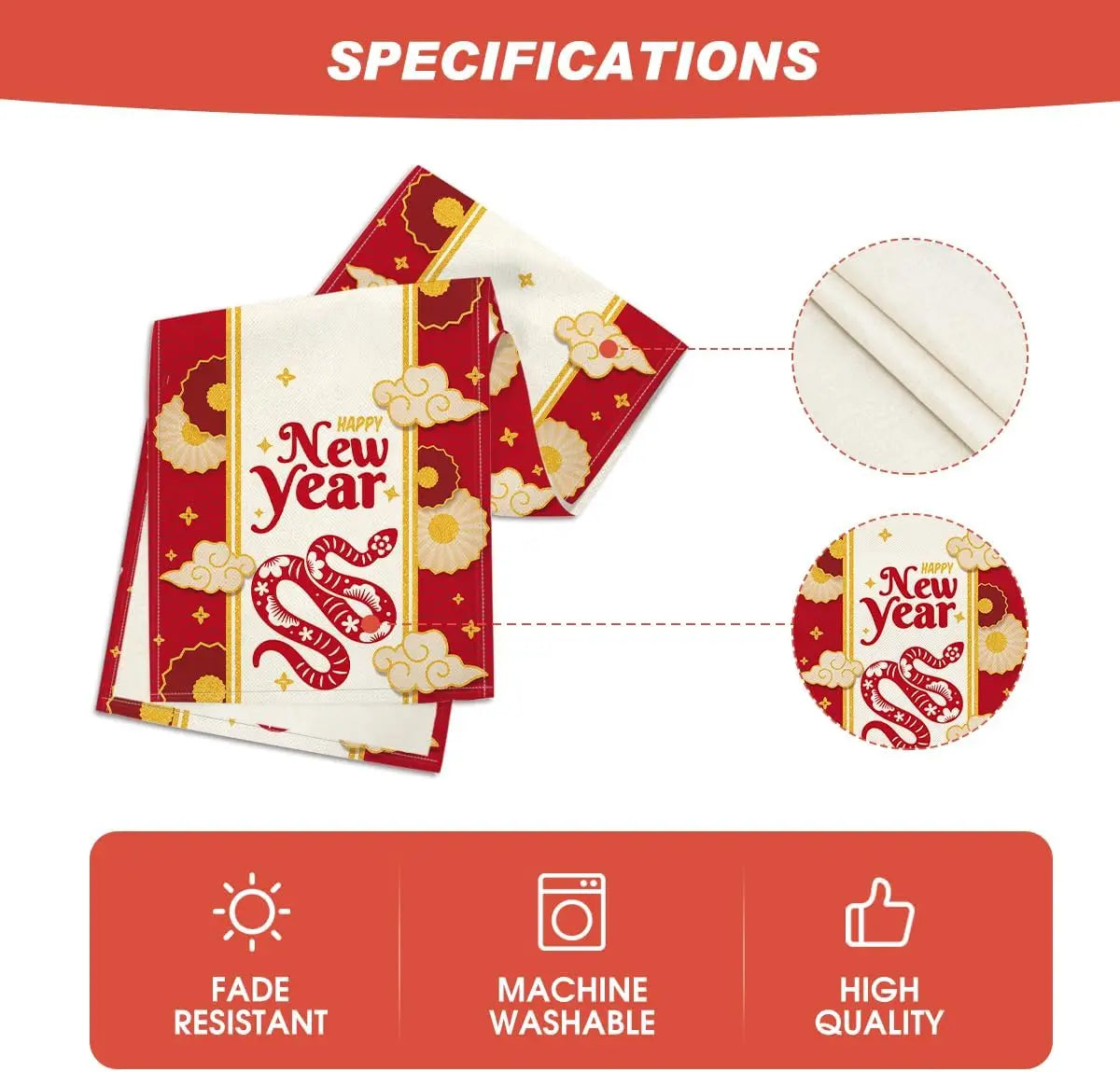 Un motif festif de nouvel an avec une illustration amusante de serpents et de fleurs sur un fond rouge vif.