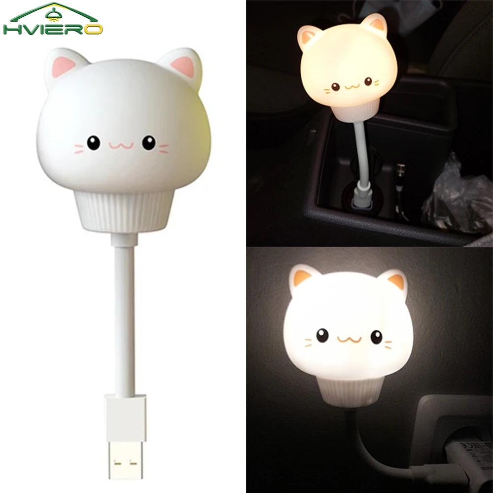 veilleuse usb led chat mignon blanc cartoon oeil noir narines roses oreilles roses cable