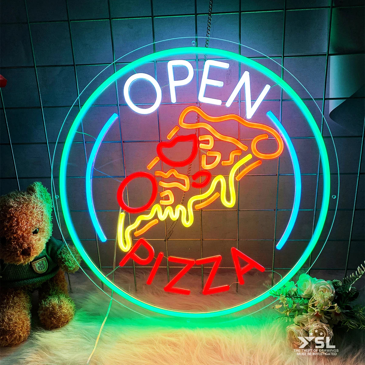 panneau lumineux open pizza néon bleu rouge jaune décoration restaurant fixations adaptateur télécommande optional