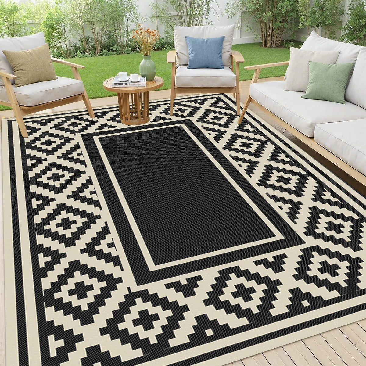 tapis extérieur moderne polypropylène noir blanc gris motifs floraux rectangleversible imperméable double face