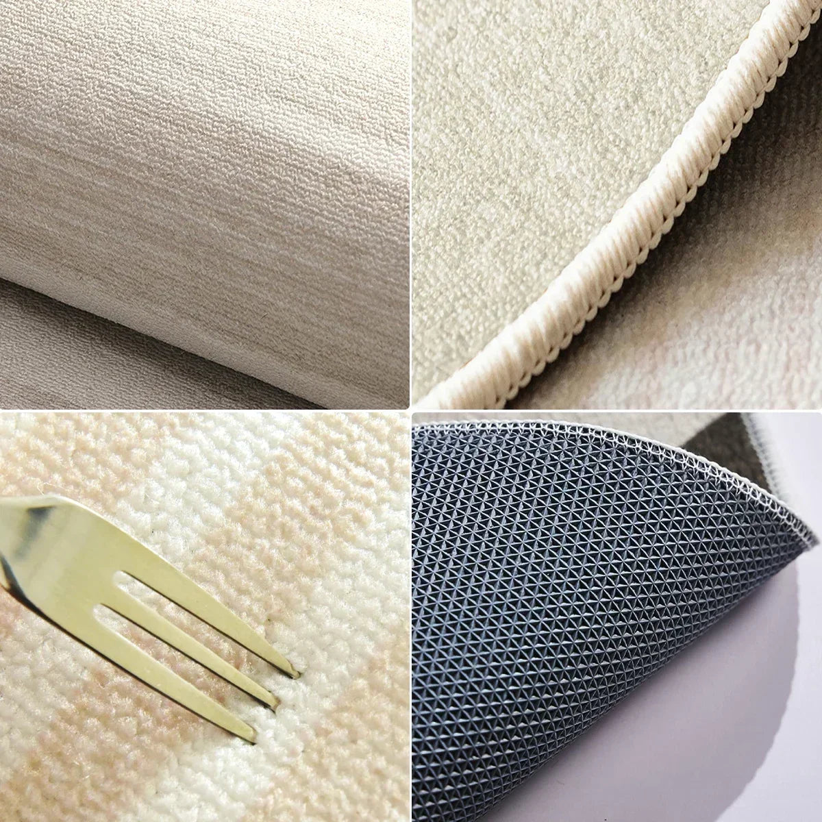 Textures de différents tissus et matériaux, incluant une surface douce et moelleuse ainsi qu'un motif géométrique sombre et complexe.
