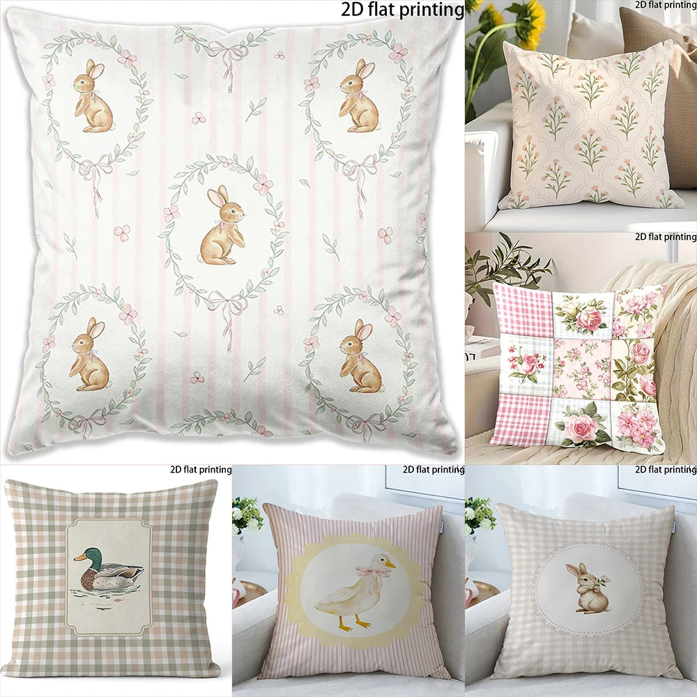 housse coussin décorative motif lapin canard fleurs vintage beige rose gris salon maison