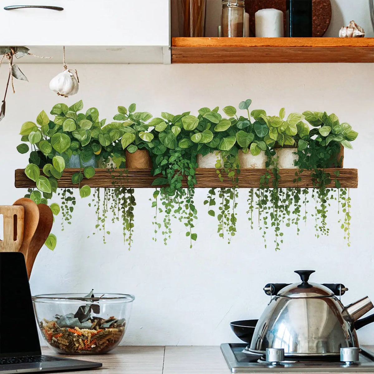 sticker mural plante artificielle feuilles vertes étagère bois moderne intérieur décoration vert 3d rustique