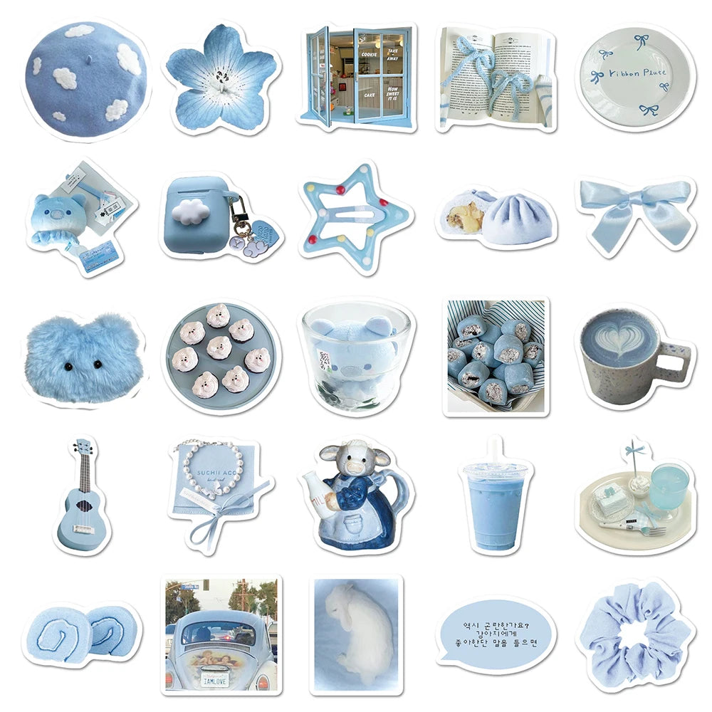 stickers decoratifs bleu clair fleurs coeurs animaux geometriques aesthetic ribbon plate tasse coeur peluche