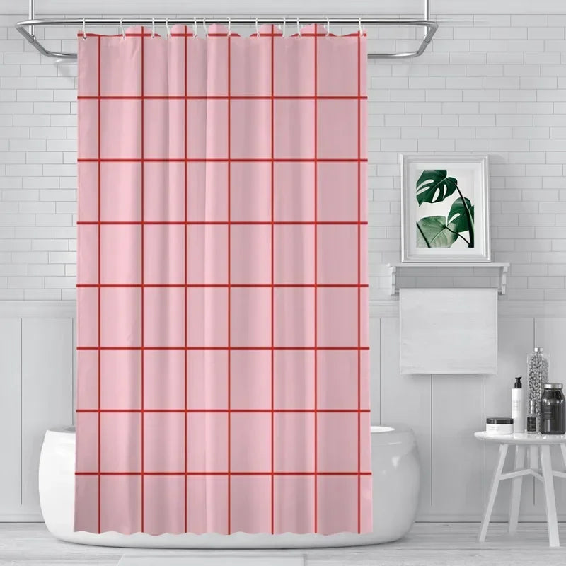 rideau douche moderne rose motif grille rouge minimaliste tissu polyester opaque