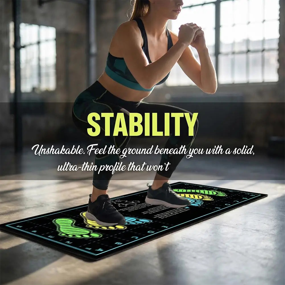 tapis entraînement musculation noir vert jaune bleu pieds coordonnées instructions anglaises 80x35cm